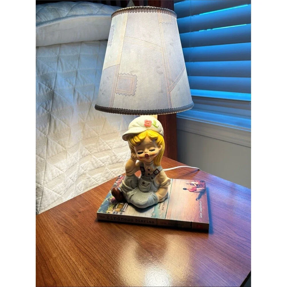 1977 Sears & Roebuck LittleGirl in Denim Lamp with Shade. H 15 in
